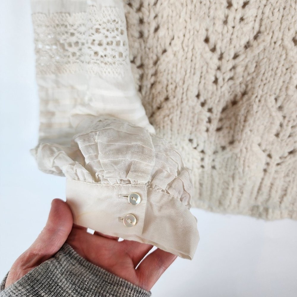 Sea New York Ellie Combo Sweater Cable Knit Puff Lace Sleeves Cream Alpaca Wool - Picture 7 of 14